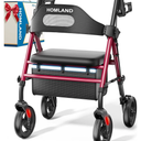 HOMLAND Foldable Rollator Walkers with Seat for Seniors, 8'' Big Wheels, 350 lb. Weight Capacity, Adjustable Handles and Seat Height, Lightweight Rolling Walker, Red