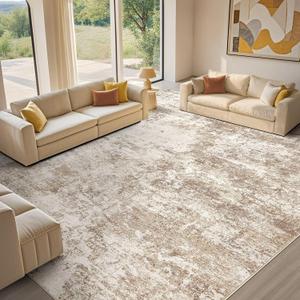 Area Rug Living Room - 8X10 Abstract Washable Large Soft Foldable Non Slip Rug Neutral Modern Low Pile Carpet for Bedroom Nursery Dining Room Farmhouse Home Office Indoor - Brown