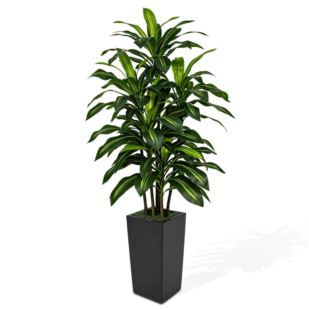 CyanGrove 5FT Artificial Dracaena Tree with Tall Black Planter - Large Fake Tree with Lifelike Leaves - Tall Faux Floor Plants for Indoor Outdoor, Artificial Trees Indoor for Home Office Room Decor