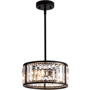 MAYNA Crystal Pendant Light Fixture, 3-Light Black Chandelier Light Fixture, Cylinder Adjustable Height Pendant Lights for Kitchen,Dining Room,Living Room,Foyer,Hallway