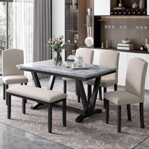 6 Pieces Dining Table Set with 60" Rectangle Marbled Veneers Tabletop Kitchen Desk,Living Room Furniture W/ 4 Chairs & 1 Bench,for Restaurant,Home Bistro,White