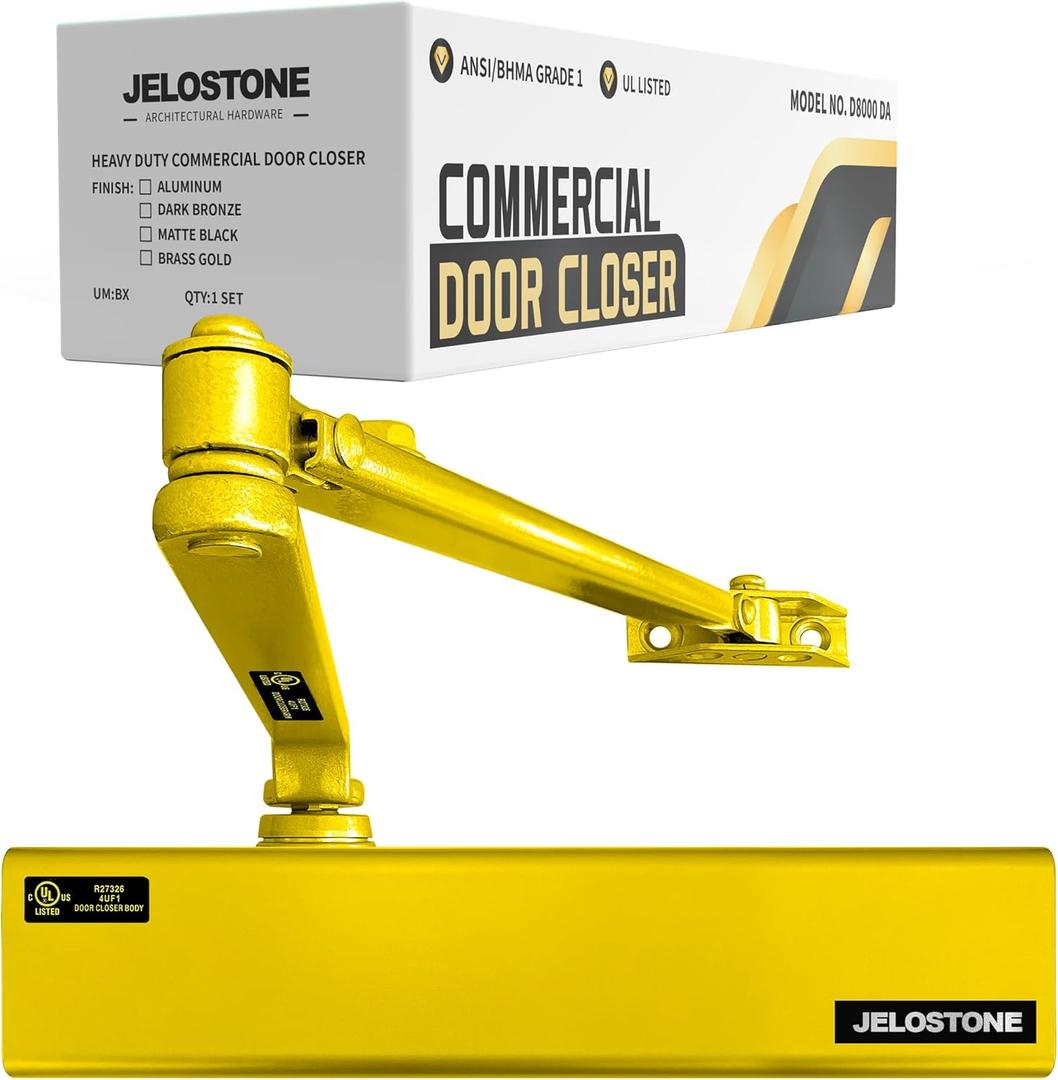 Heavy Duty, Commercial Door Closer D8000DA, ANSI Grade 1, UL 3 Hour Fire Rated, ADA Compliant, Delayed Action, Adjustable Spring Size 1-6 for Doors(44-330LB/30-60 in), Indoor/Outdoor (Brass Gold)