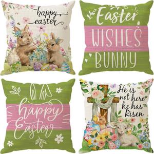 Bunny Lamb Eggs Chick Cross Flowers Rabbit Easter Pillow Covers Throw Pillow Cases Set of 4 Decorations for Farmhouse Home Sofa Couch Cushion Cover Party Holiday Decor 20x20 Inch