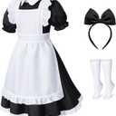 Irtysh Girl Blue Dress White Apron Halloween Cosplay Costume With Bow Hair Band Stockings Set (Black)