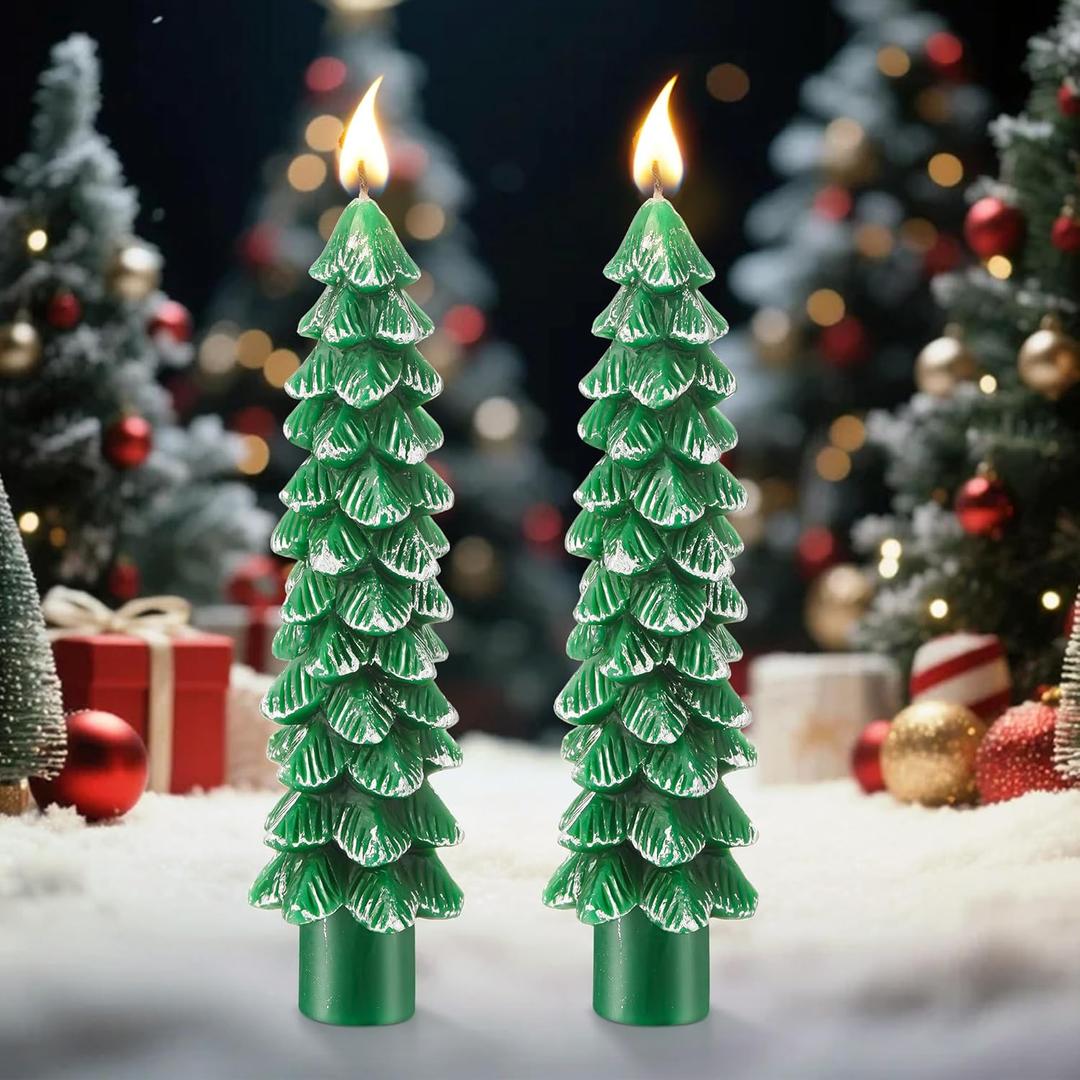2 Pack Christmas Tree Candles, 5 Inch Unscented Tree Shaped Taper Beeswax Candles for Christmas Holiday Decor Table Centerpiece Display Party Banquet Gift (Green with Silver Trim)