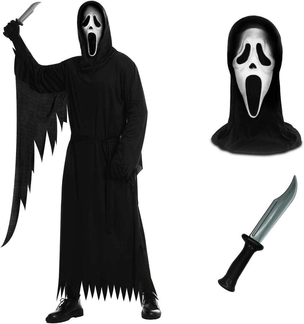 Scream Costume for Adult with Mask and Knife Prop,Men Women Halloween Cosplay Dress-up PartyWhite Mask 01