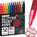 ARTISTRO 12 Glitter Paint Pens Sparkly and Shiny for Rock Painting, Stone, Ceramic, Glass, Wood, Fabric, Scrapbooking, DIY Craft Making, Coloring, Acrylic Glitter Markers Extra-Fine Tip 0.7mm