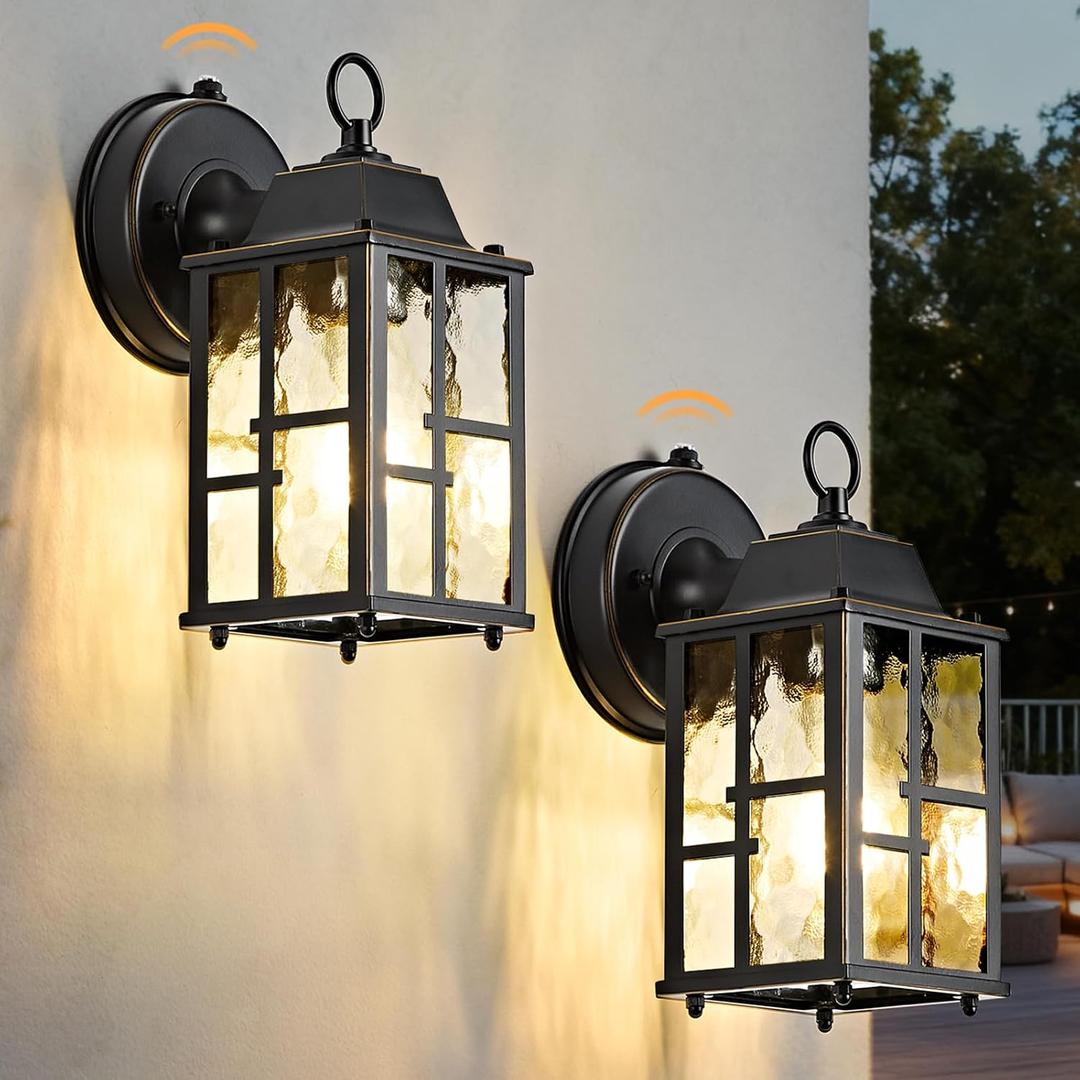 OKELI 2-Pack Dusk to Dawn Outdoor Wall Lights, Weatherproof Exterior Lighting Fixture Wall Mount, Aluminum Ripple Glass Porch Light, Anti-Rust Outside Wall Sconce for House, Garage(Black&Gold-Trim)