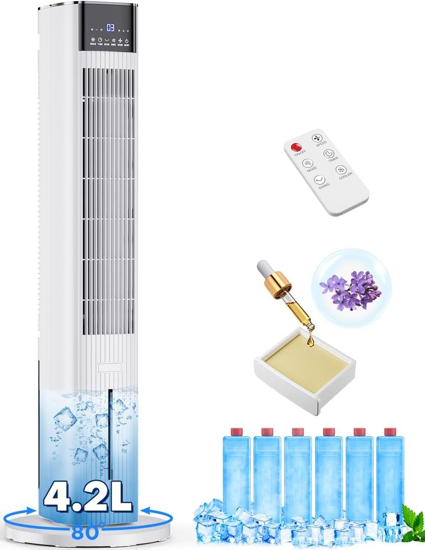 42 INCH Swamp Cooler Air Conditioner w/ 4 Modes & 3 Speeds, Aroma&Memory Function Evaporative Air Cooler, 4.2L Dual Tank, 15H Timer, 6 Ice Packs Portable Windowless Air Conditioner for Bedroom