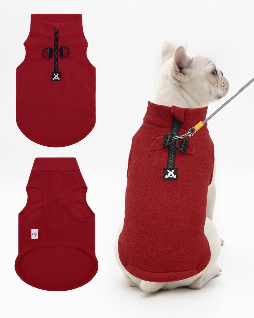 CuteBone Fleece Dog Vests Christmas Red with Turtleneck, Half Zip-Up & Pullover Winter Sweaters Shirts for Small & Medium Dogs - Warm Thermal Jackets with D-Ring, Ideal for Cold Weather DZBX03L (Large)