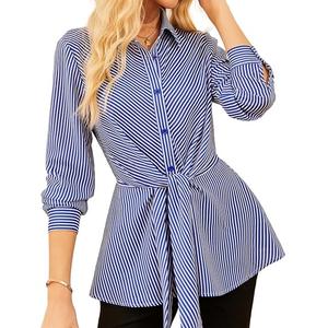 GRACE KARIN Peplum Tops for Women Tie Front Striped Button Down Shirt Collared Long Sleeve Business Casual Work Office Blouse Blue, XL