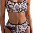 SUUKSESS Women High Waisted 2 Piece Bikini Set Cheeky High Cut Bandeau Swimsuit (Medium, 61 Zebra Print)