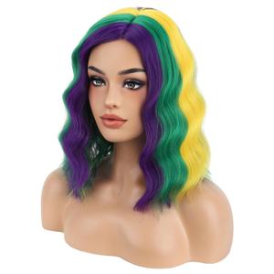 BERON 14 Inches Mardi Gras Colored Wig Short Curly Wig Purple Yellow Green Wigs for Women Daily Party or Cosplay Hairnet Include