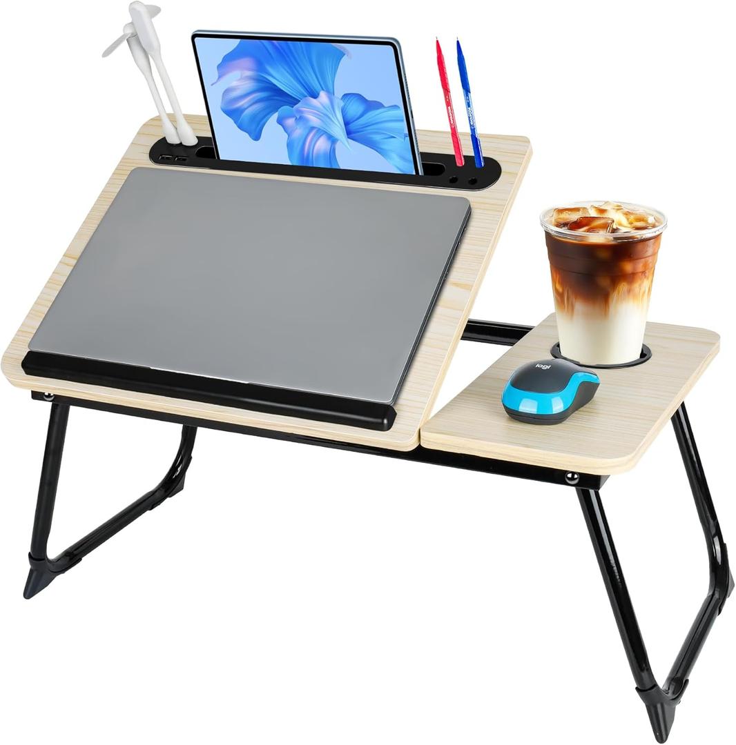Laptop Bed Desk, Adjustable Lap Desk, Small Laptop Table with USB Charge Port, Desktop Card &Pen Slot, Cup Holder, Foldable Bed Tray Table for Couch Sofa Chair Floor Eating Working (Adjustabla White)