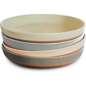 Mora Ceramic Flat Pasta Bowl Set of 4-35oz, Microwave Safe Plate with High Edge for Kitchen and Eating, Large Wide Bowls/Plates for Serving Dinner, Salad, etc- Neutrals