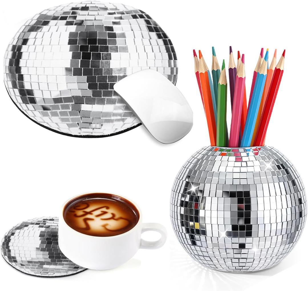 Teenyyou 4 Inch Disco Ball Pen Holder 8 Inch Silver Disco Ball Mouse Pad 4 In Coasters for Desk Accessories Decor Makeup Brush Holder Organizer Pencil Cup Flower Vase for Office Classroom Home Decor