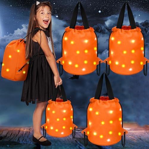 Yeyeplum 3 Pcs Halloween Light up Bucket Kids LED Trick or Treat Drawstring Bags Multipurpose Reusable Candy Goodies Snack Bucket for Halloween Supplies Favors(Orange)