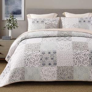 Exclusivo Mezcla Reversible Boho Quilts King Size, Gray Bedspreads Lightweight Coverlet All Season Patchwork Quilt Bedding Set with Printed Floral Pattern, 1 Quilt, 2 Pillow Shams