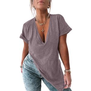 Tankaneo Womens Deep V Neck Short Sleeve T Shirts Side Slit Oversized Summer Loose Tunic Top (Large)
