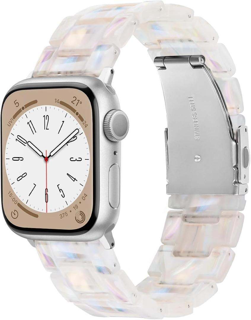 V.R.HOPE Resin Watch Band Compatible with Apple Watch Band for Women 42mm 44mm 45mm 46mm49mm Tortoise Fashion Lightweight Bracelet Strap for iWatch Series Ultra3/11/10/9/8/7/6/5/4/3/2/1/SE3(Creamy silver)