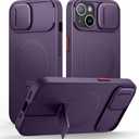 SURITCH for iPhone 15 Case with Magnetic Camera Slide Cover and Adjustable Kickstand, Compatible with MagSafe, Shockproof Bumper Case Slim Protective Cover 6.1 Inch, Dark Purple