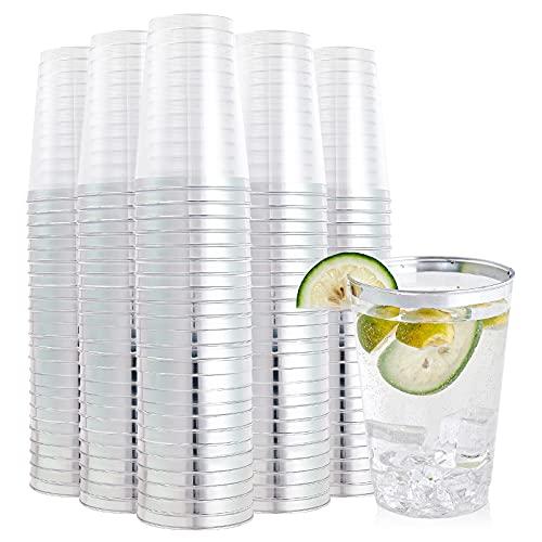 FOCUSLINE 100 Pack 12 oz Silver Rimmed Plastic Cups, Clear Plastic Cup 12 Ounce Tumblers, Heavy-duty & Fancy Disposable Cups with Silver Rim for Wedding Cups Elegant Party