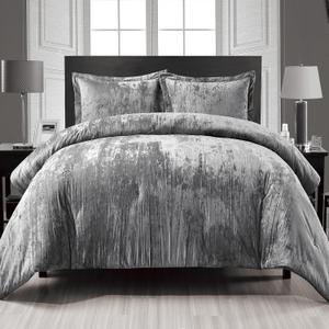 Fredsure Crinkle Velvet Comforter Set, 3 Pieces Grey King, Crinkle Velvet Face and Brushed Microfiber Reverse, with Light Poly Fill