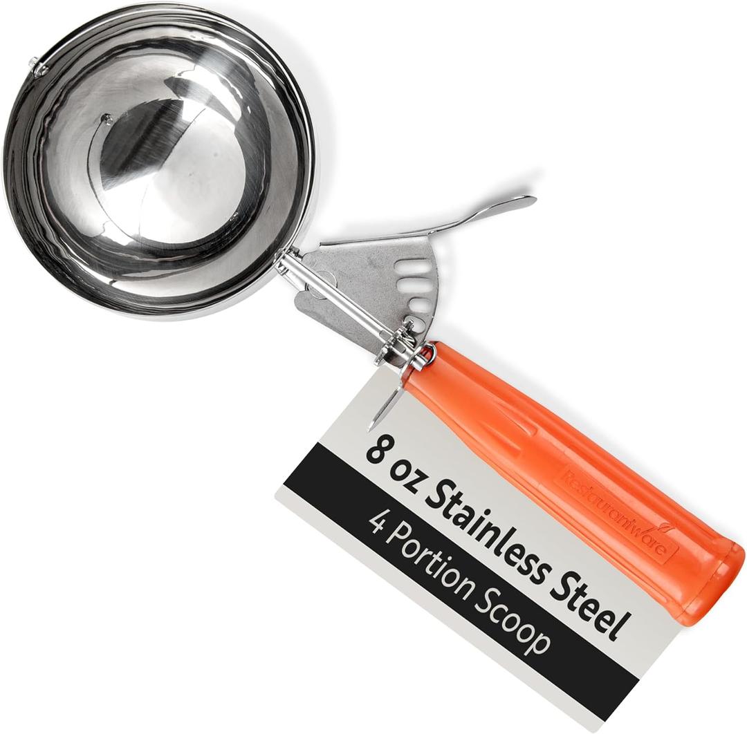 Restaurantware Met Lux 8 Ounce Portion Scoop 1 Durable Disher Scoop - Thumb Trigger Orange Stainless Steel Ice cream Disher For Portion Control For Ice Cream Mashed Potato And Cookie Batter (#4 (8 Oz))