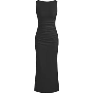 CIDER Women Summer Sleeveless Maxi Dresses Ruched Bodycon Long Wedding Guest Dress Cocktail Evening Gown (Medium, Black)