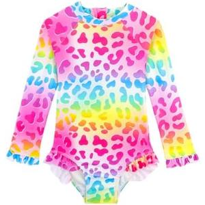 Baby Toddler Girl Long Sleeve Ruffle Swimsuit One Piece Zipper Rash Guard Bathing Suit with UPF 50+ Sun Protection 120