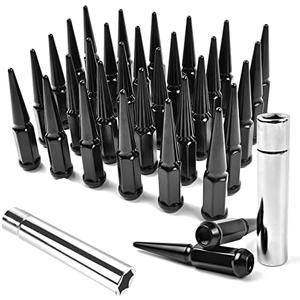 MIKKUPPA 14mm x 1.5 Wheel Spike Lug Nuts, 24pcs M14x1.5 Lug Nut, Cone/Conical Bulge Seat, Black Closed End Nuts with 1 Socket Key Replacement for Chevy Silverado GMC Dodge Ram Ford F150 