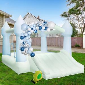 AKSPORT Inflatable Bounce House,White Castle Bounce House for Kids 3-6 Indoor & Outdoor Inflatable Bouncer House with Slide & Air Blower & Balloons for Kids Birthday Party,Wedding Party, 11.97x8.98x7.15ft