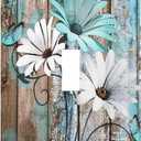 Farmhouse Country Teal Flower Floral Butterfly Decorative Single Toggle Light Switch Cover 1-Gang Wall Plate Blue Daisy Brown Wood Wooden Board Electrical One Device Outlet Switch Face Wallplate Cover
