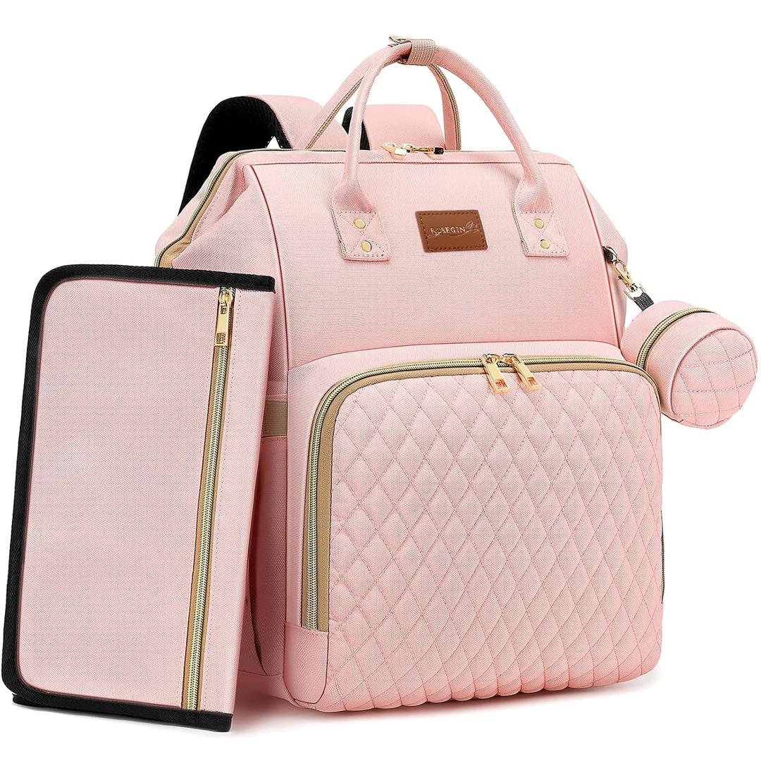 Pink Diaper Bag Backpack for Baby Girls - Baby Shower Gifts for Mom, Quilted Diaper Bag with Changing Pad, Pacifier Case, Insulated Pockets, Stroller Straps, 35L Large Capacity - Cute