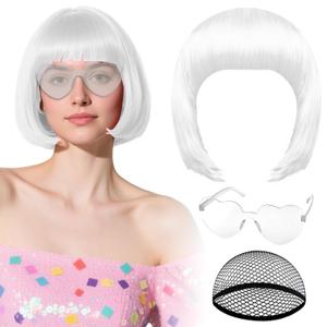 PLULON White Bob Wig with Heart Sunglasses and Hair Cap, Colorful Short Bob Wigs Synthetic Party Wigs Funny Cosplay Hairpieces for Women Men Neon Bachelorette Halloween Costume Party Decorations