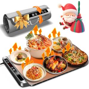 Warming Mat for Food, Silicone Electric Warming Tray with Live Temperature Display and Timer,Roll-Up & Portable Food Heating Pad with Child Lock, Full-Surface Countertop Food Warmer for Parties Buffet (Deep Grey)