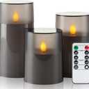 Homemory Flameless Candles Set of 3, Grey Acrylic LED Candles Upgraded Realistic Battery Operated Flames with Remote & Timer, Waterproof for Indoor,Outdoor Decor, Halloween & Christmas Lanterns (D3.15"H4"5"6", Gray)