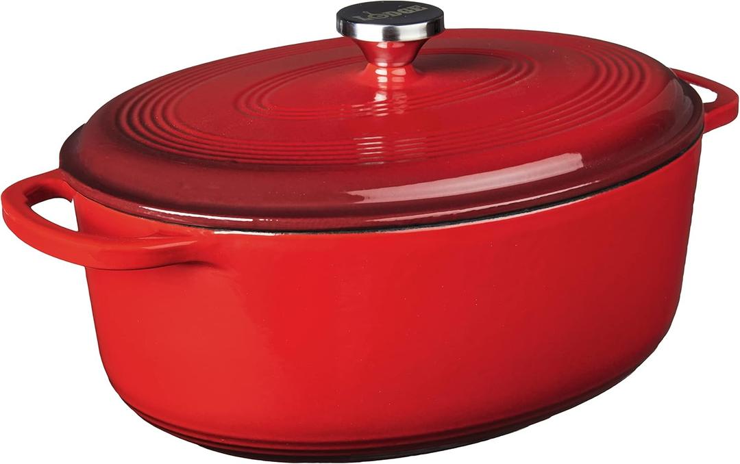 Lodge 7 Quart Enameled Cast Iron Oval Dutch Oven with Lid  Dual Handles  Oven Safe up to 500 F or on Stovetop - Use to Marinate, Cook, Bake, Refrigerate and Serve  Red