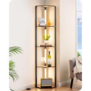 EDISHINE 64" Corner Shelf with LED Light, Modern Corner Floor Lamp with Shelves, 3CCT, Stepless Dimmable Tall Floor Lamp for Living Room, Bedroom, Office, Dining Room, 3000K 4000K 5000K, Black