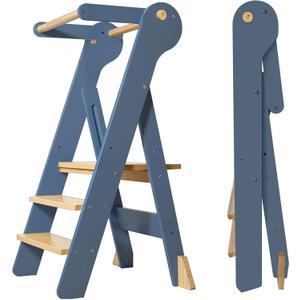 Foldable Toddler Tower, Kids Kitchen Step Stool, Height Adjustable Montessori Toddler Standing Tower with Safety Rail & Anti-Slip Design, Wooden Helper Stool for Ages 16 (Blue Gray)