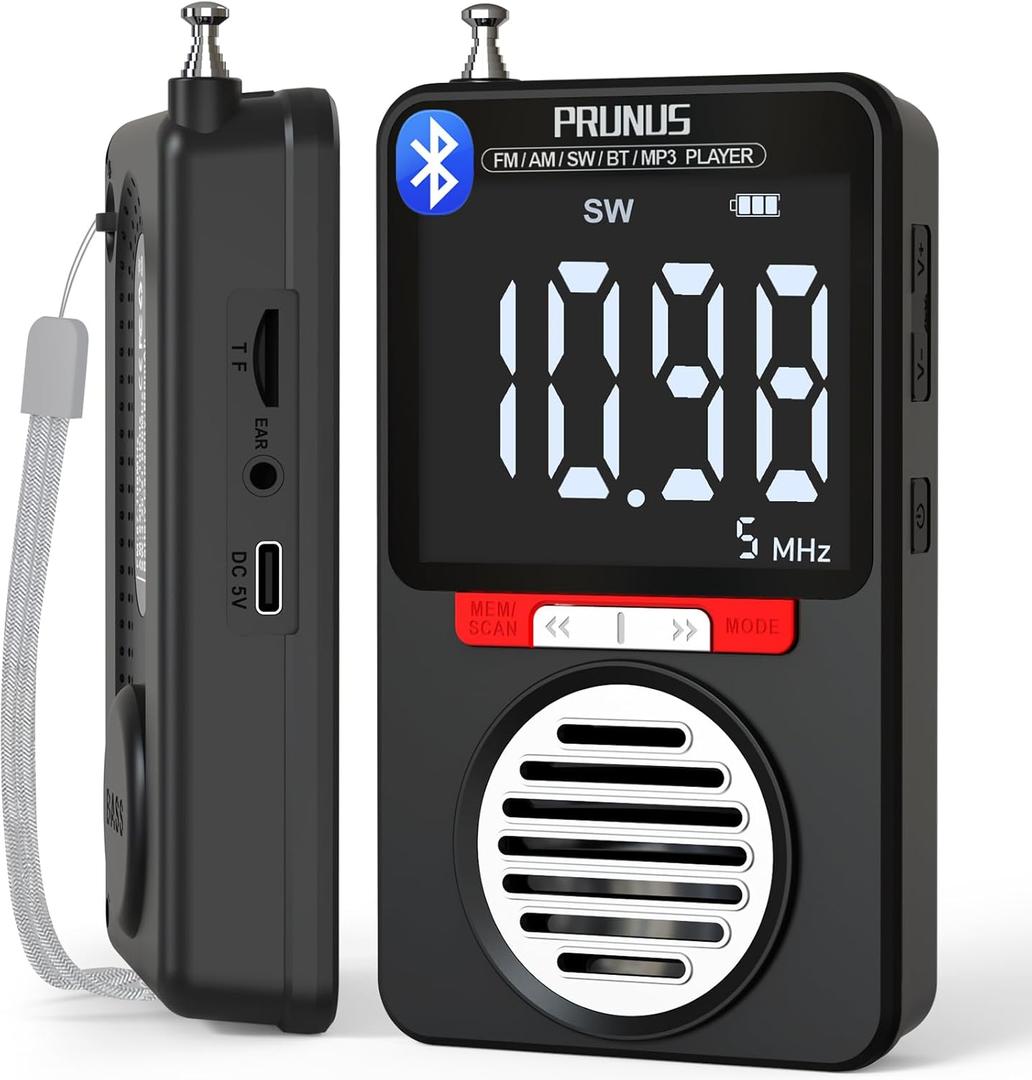 PRUNUS J-155 Pocket Radio AM FM, Shortwave Radios with Best Reception, Bluetooth, Large Screen, TF Card Play, Stereo Earphone Jack, Alarm Clock, Portable Rechargeable Digital Radio for Jogging, Walking