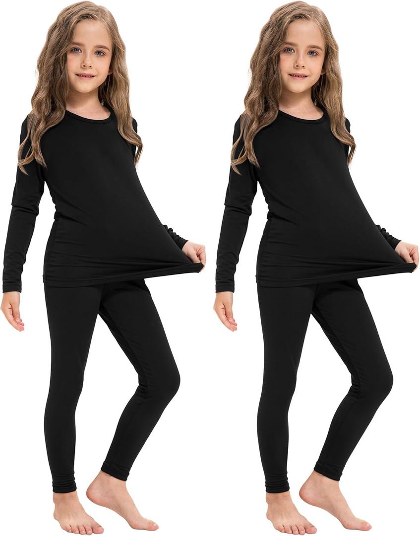 Silkfly 2 Pack Girls Thermal Underwear Set Fleece Lined Thermals Top and Bottom Base Layer for Girls Winter (Black, XS)