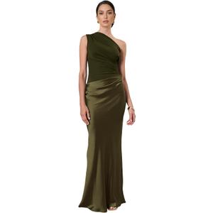 RARITYUS Womens Elegant One Shoulder Maxi Dress Satin Ruched Bodycon Wedding Guest Dress Flowy Cocktail Evening Dresses, Small, Army Green