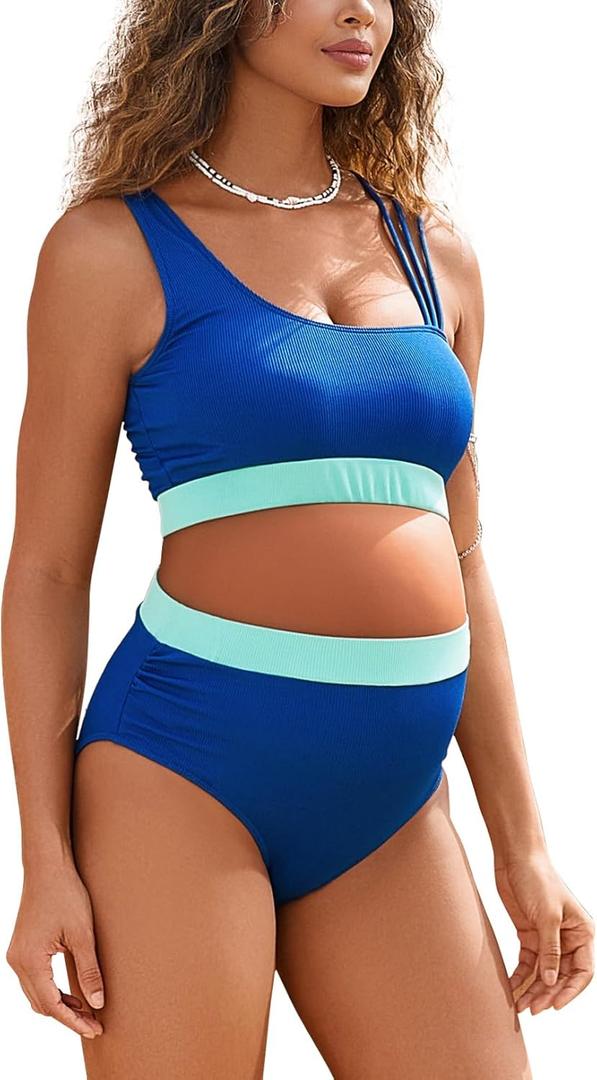 Maternity Two Piece Swimsuit High Waisted Strappy Bikini Set Bathing Suit (Blue, L)