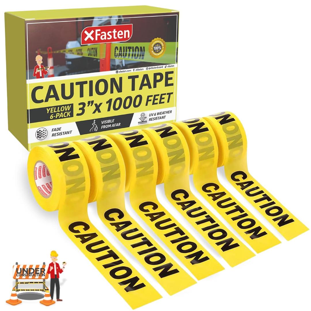 XFasten Yellow Caution Tape Roll Bulk, 3 in x 1000 ft (6-Pack), Thick and Durable Yellow Safety Tape for Barricades, Construction, Warning, and Hazard Areas  Easy to Loop, Weatherproof, Non-Fading