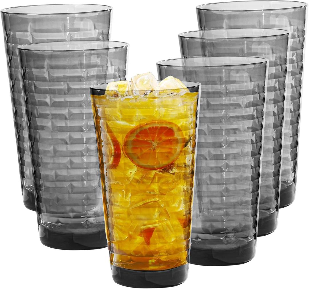 Acrylic Clear Highball Plastic Cups | Plastic Reusable Tumblers 22oz (Set of 6) | Stackable | BPA-free Tumblers | Shatterproof | Top-rack Dishwasher Safe (Gray)