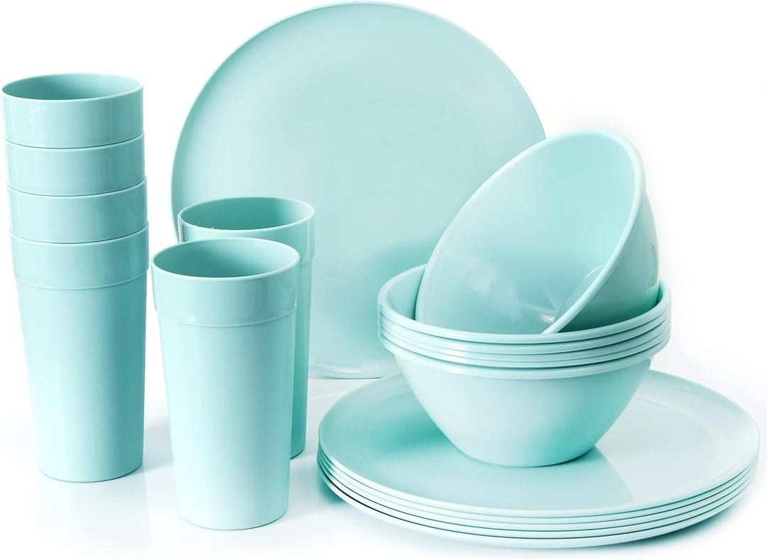 Youngever 18-Piece Plastic Kitchen Dinnerware Set, Plates, Dishes, Bowls, Cups, Service for 6 (Mint Color)