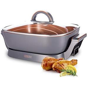 Crux Extra Deep Nonstick Scratch Resistant Electric Skillet with Removeable Temperature Probe, 12" x 12", silver (14620)
