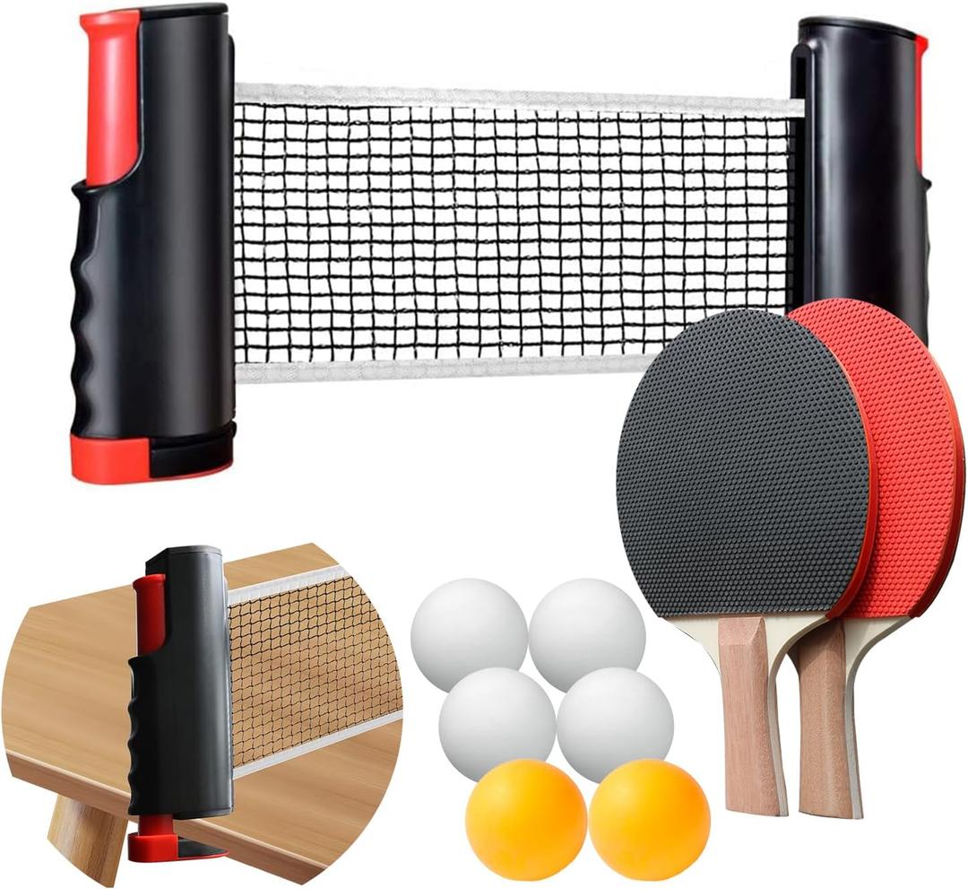 Portable Ping Pong Set with Ping Pong Paddles, Table Tennis Paddles, Retractable Ping Pong Net for Any Table, 2 Rackets, 6 Balls & Bag for Indoor/Outdoor Sports and Outdoors (Black)