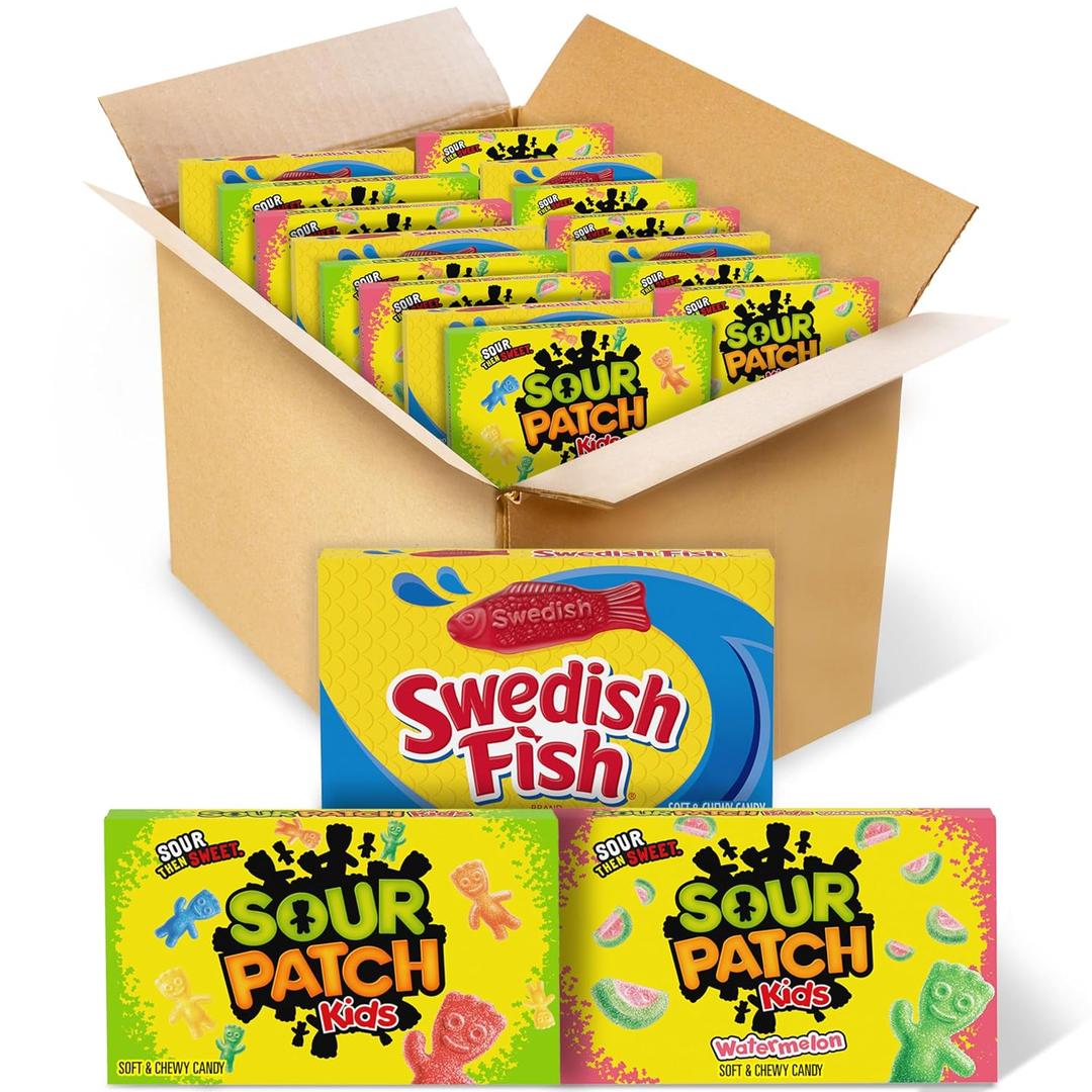 SOUR PATCH KIDS and SWEDISH FISH Soft & Chewy Candy Variety Pack, Bulk Candy, Mother's Day, 15 Boxes BBD:04-14-26